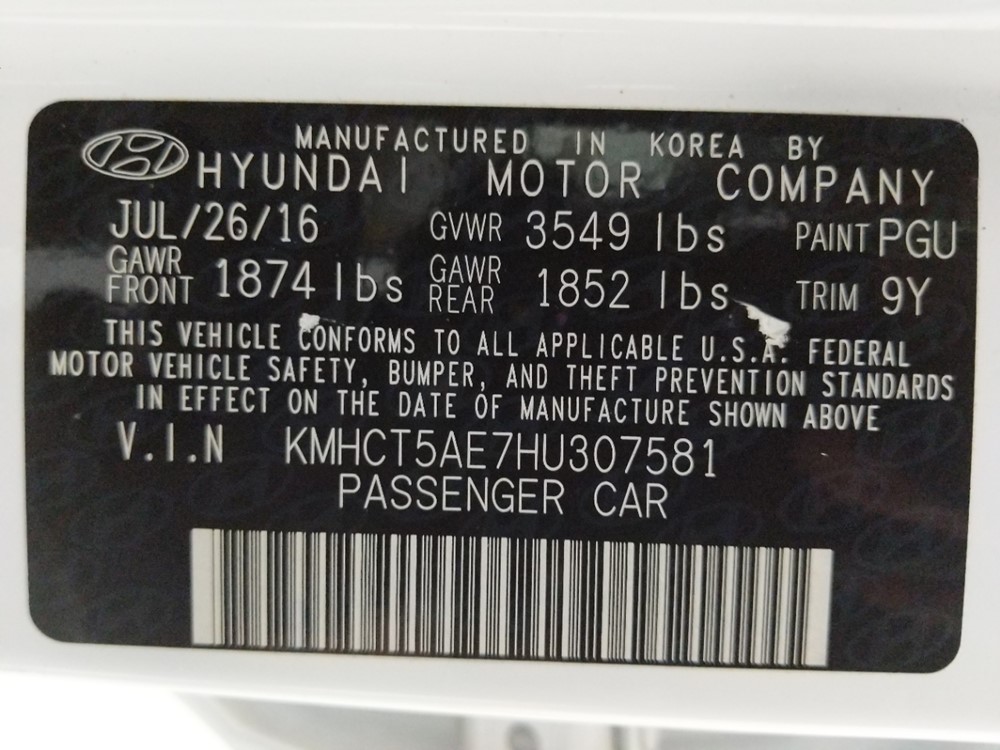 2017 Hyundai Accent - VIN Plate