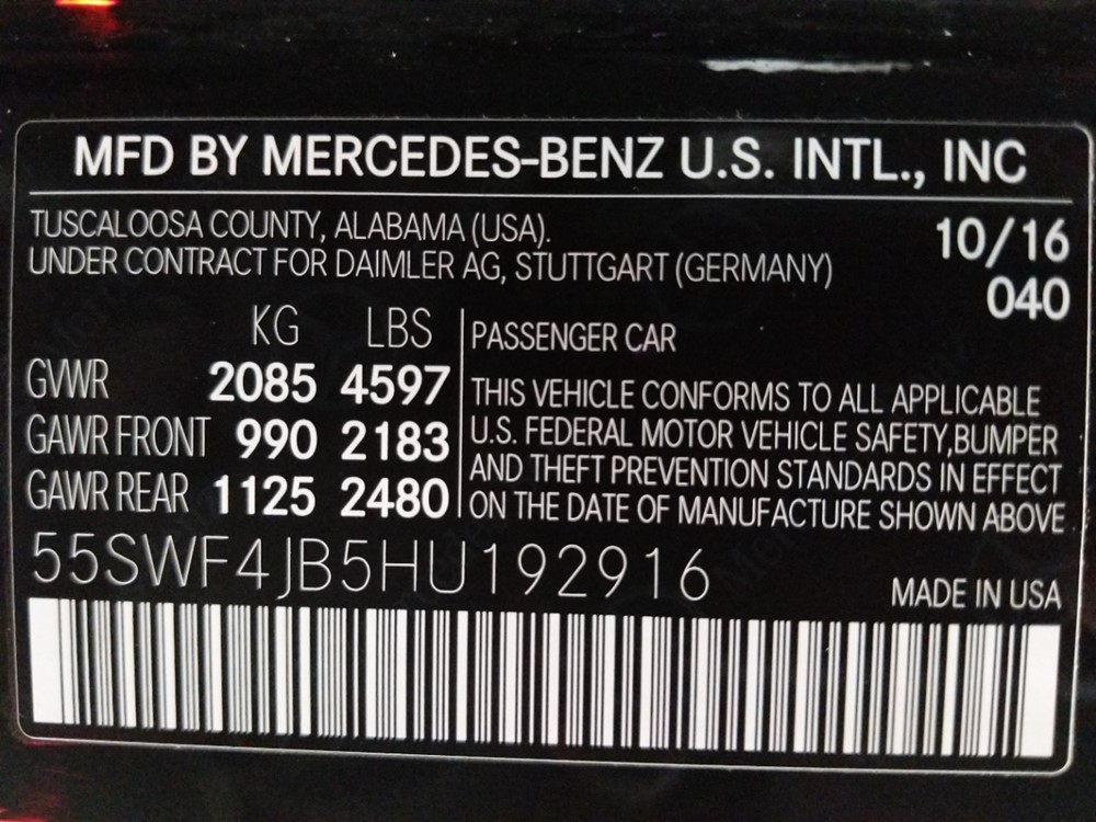 2017 Mercedes-Benz C300 - VIN Plate