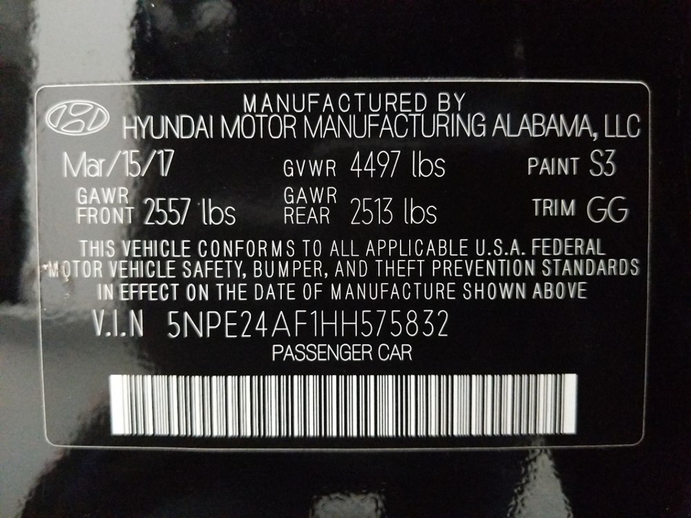 2017 Hyundai Sonata - VIN Plate