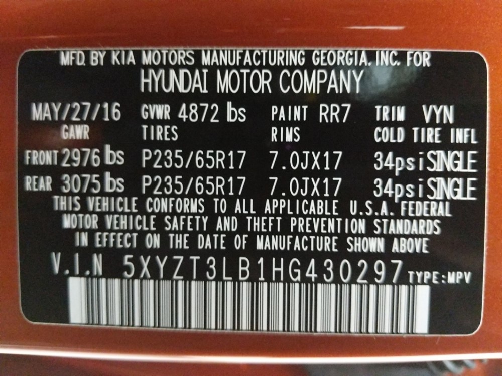 2017 Hyundai Santa Fe - VIN Plate