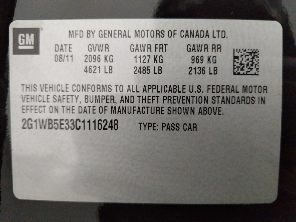 2012 Chevrolet Impala - VIN Plate