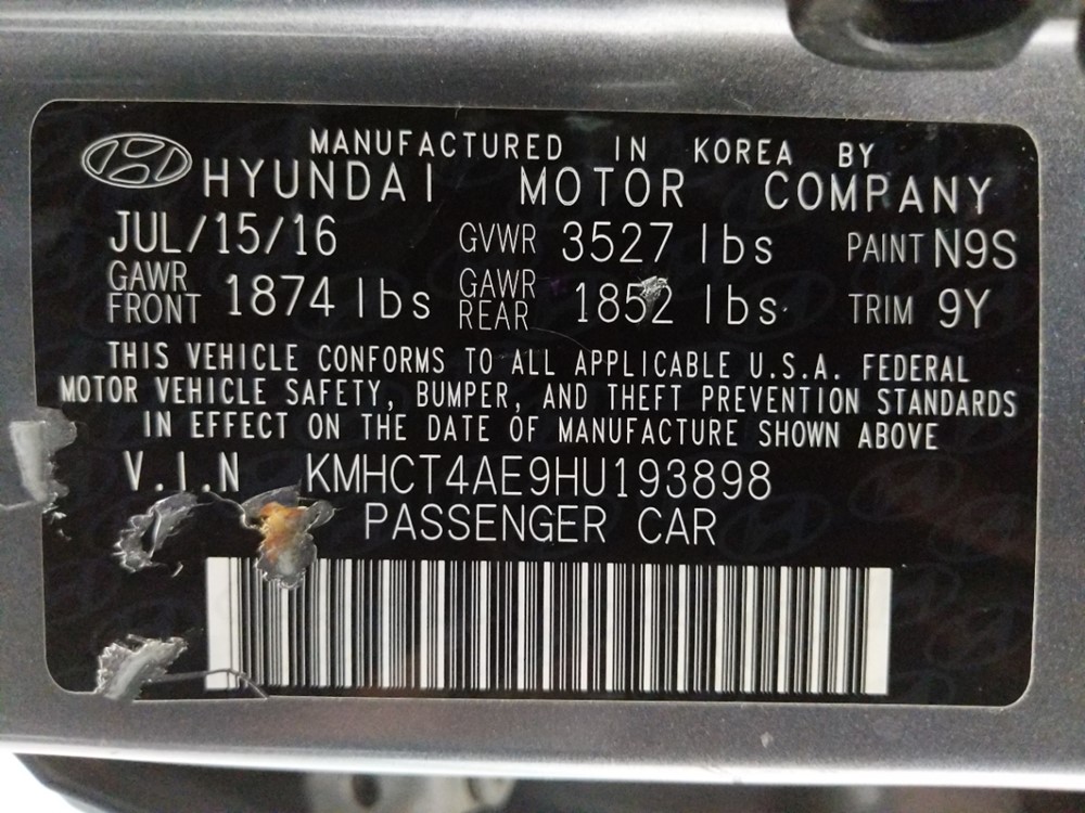 2017 Hyundai Accent - VIN Plate