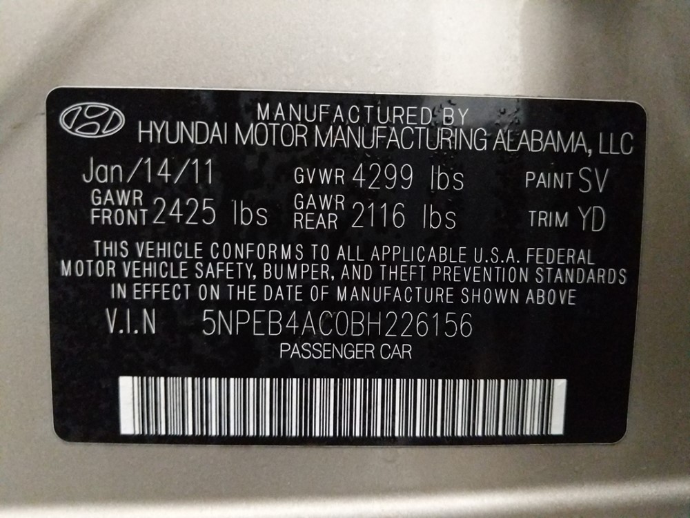 2011 Hyundai Sonata - VIN Plate