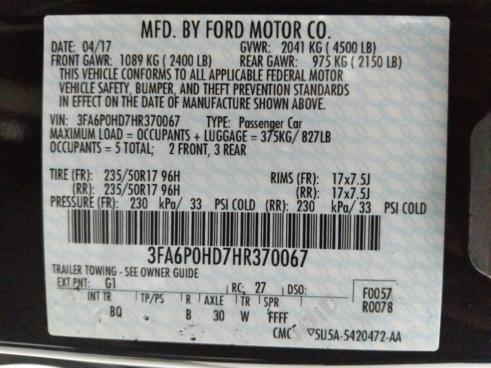 2017 Ford Fusion - VIN Plate