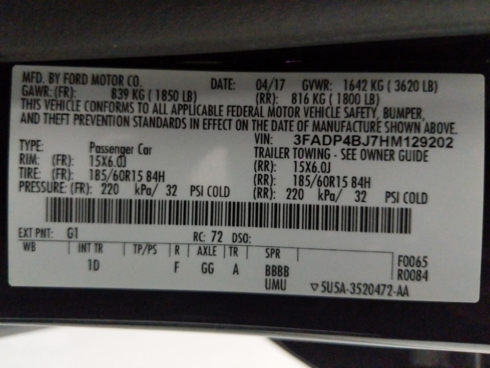 2017 Ford Fiesta - VIN Plate