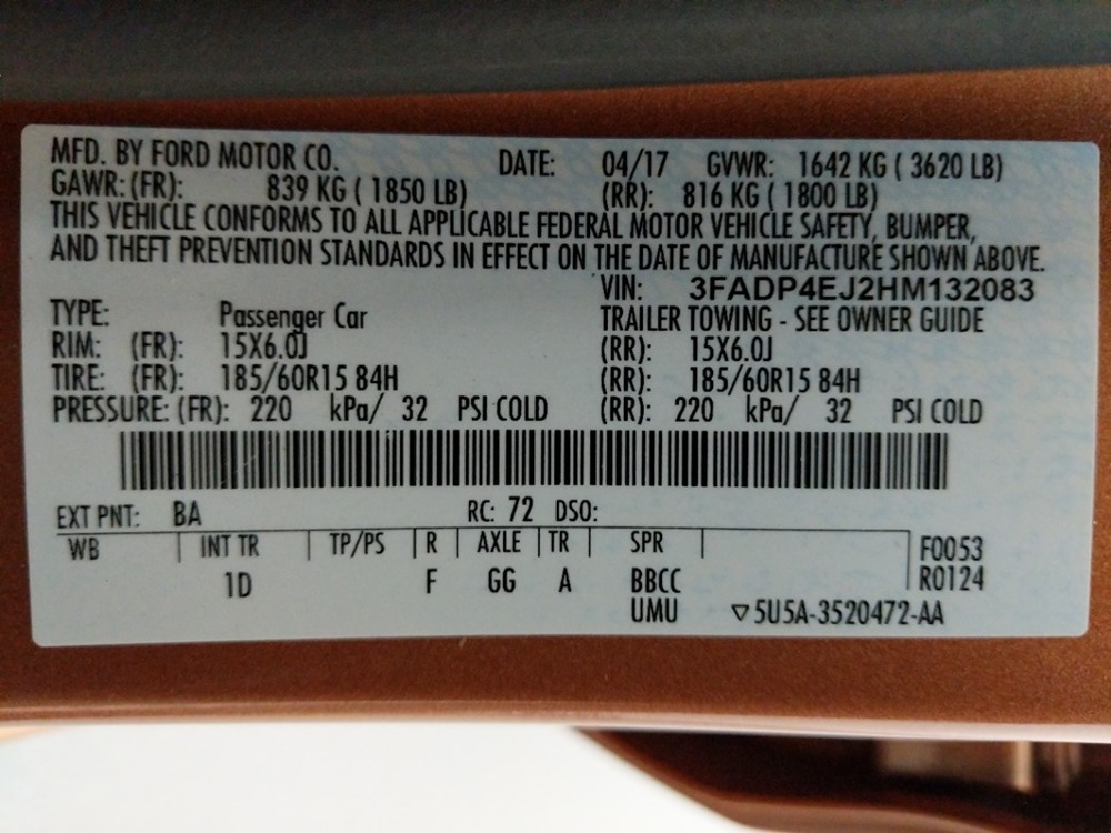 2017 Ford Fiesta - VIN Plate