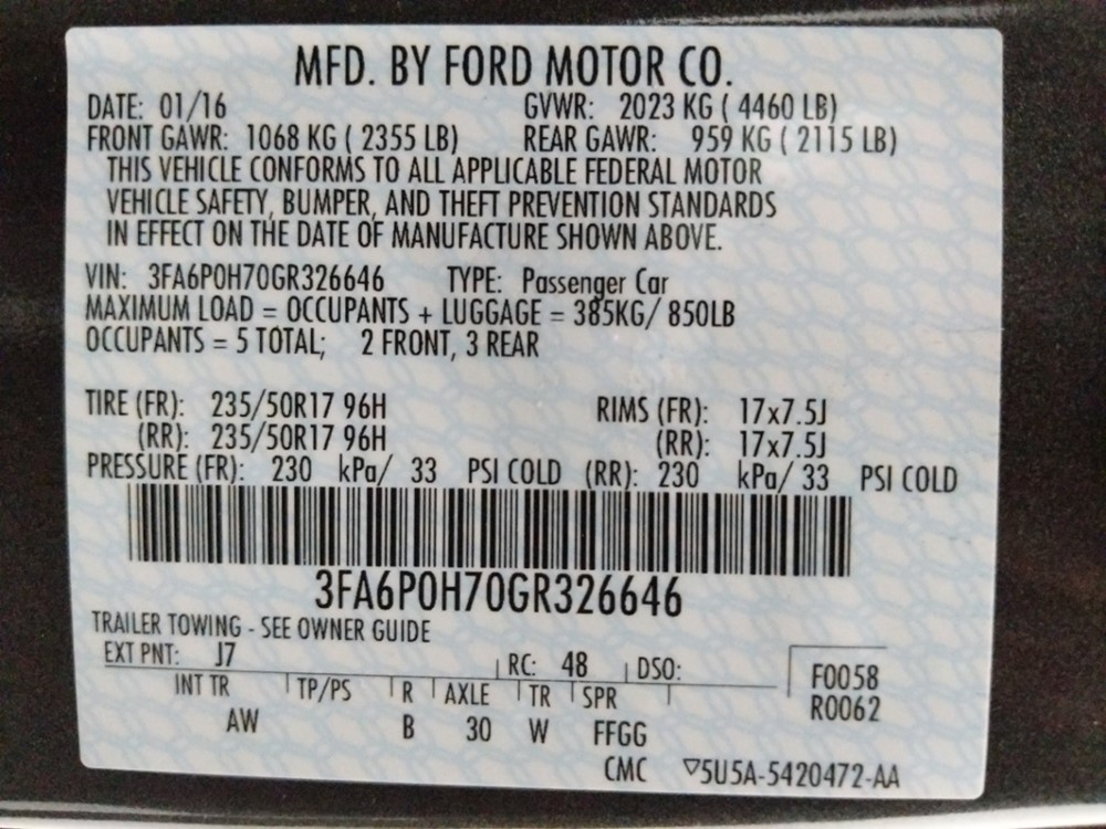 2016 Ford Fusion - VIN Plate