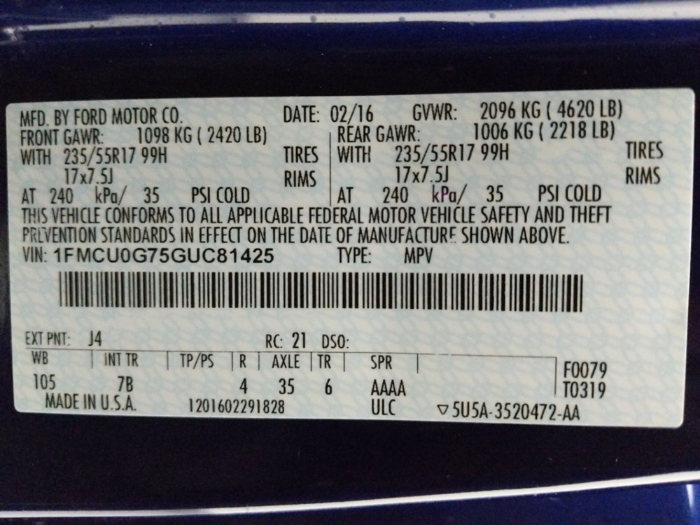 2016 Ford Escape - VIN Plate