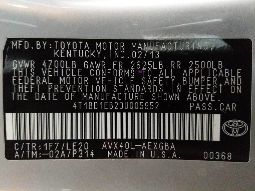2013 Toyota Avalon - VIN Plate