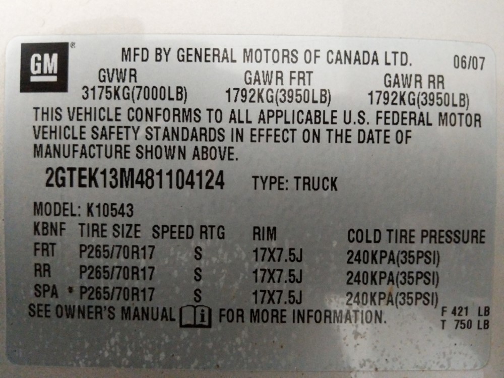2008 GMC Sierra 1500 - VIN Plate
