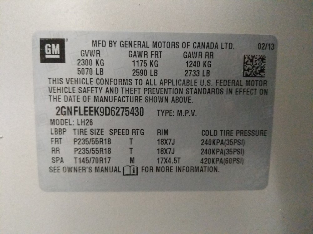 2013 Chevrolet Equinox - VIN Plate