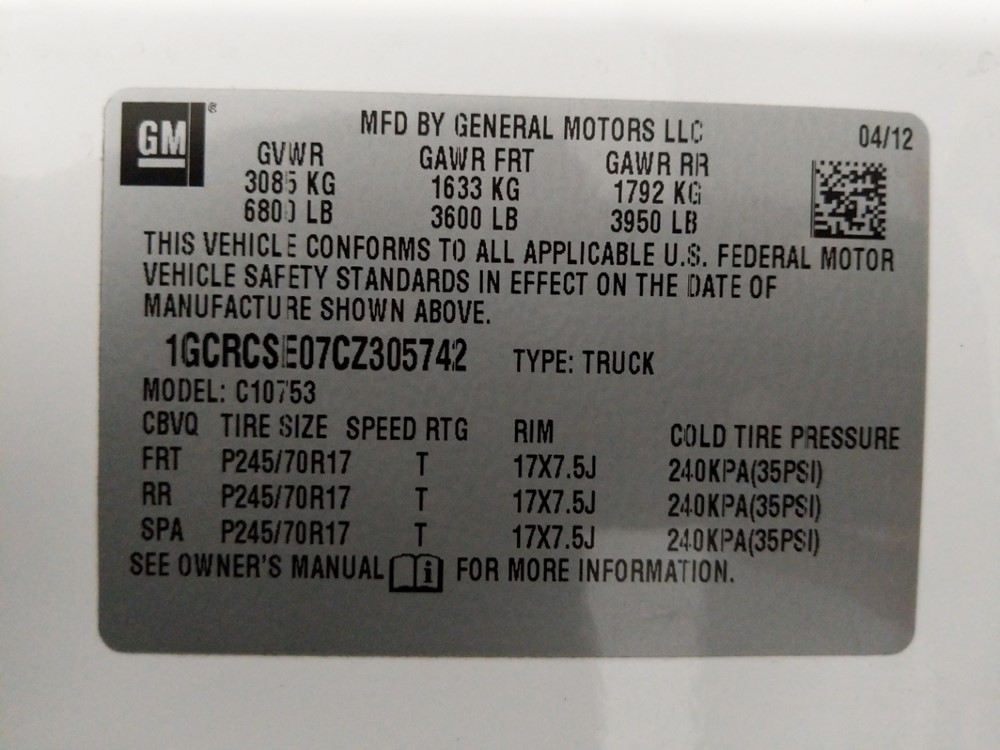 2012 Chevrolet Silverado 1500 - VIN Plate