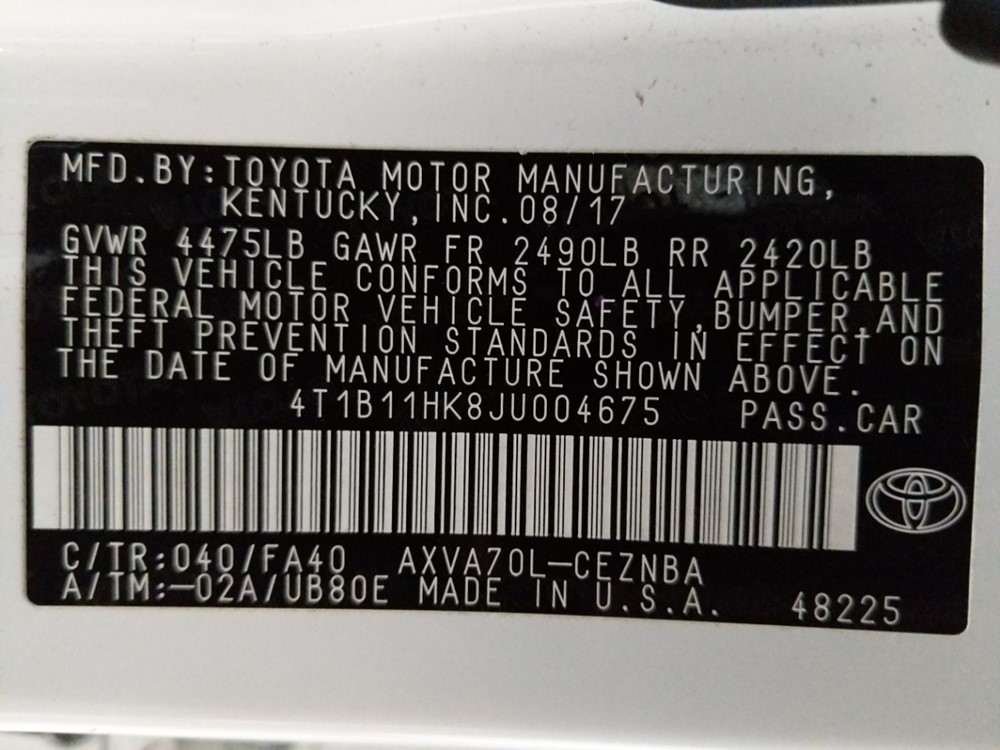 2018 Toyota Camry - VIN Plate