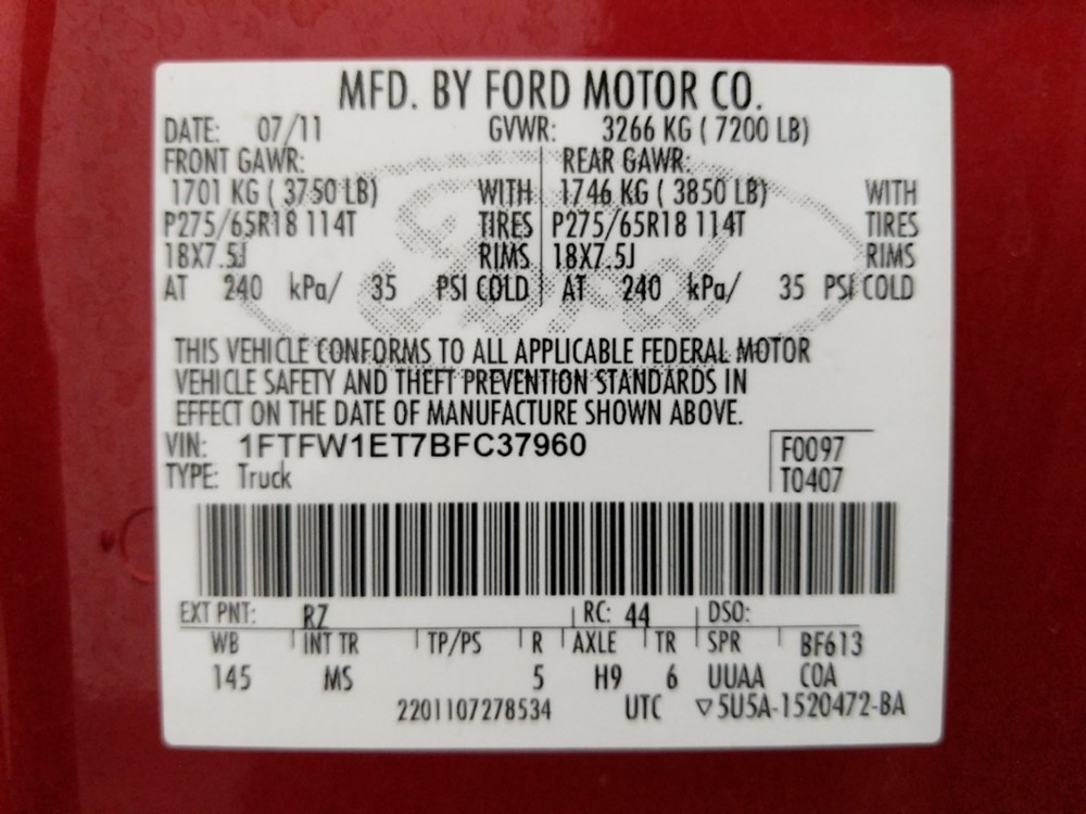 2011 Ford F-150 - VIN Plate