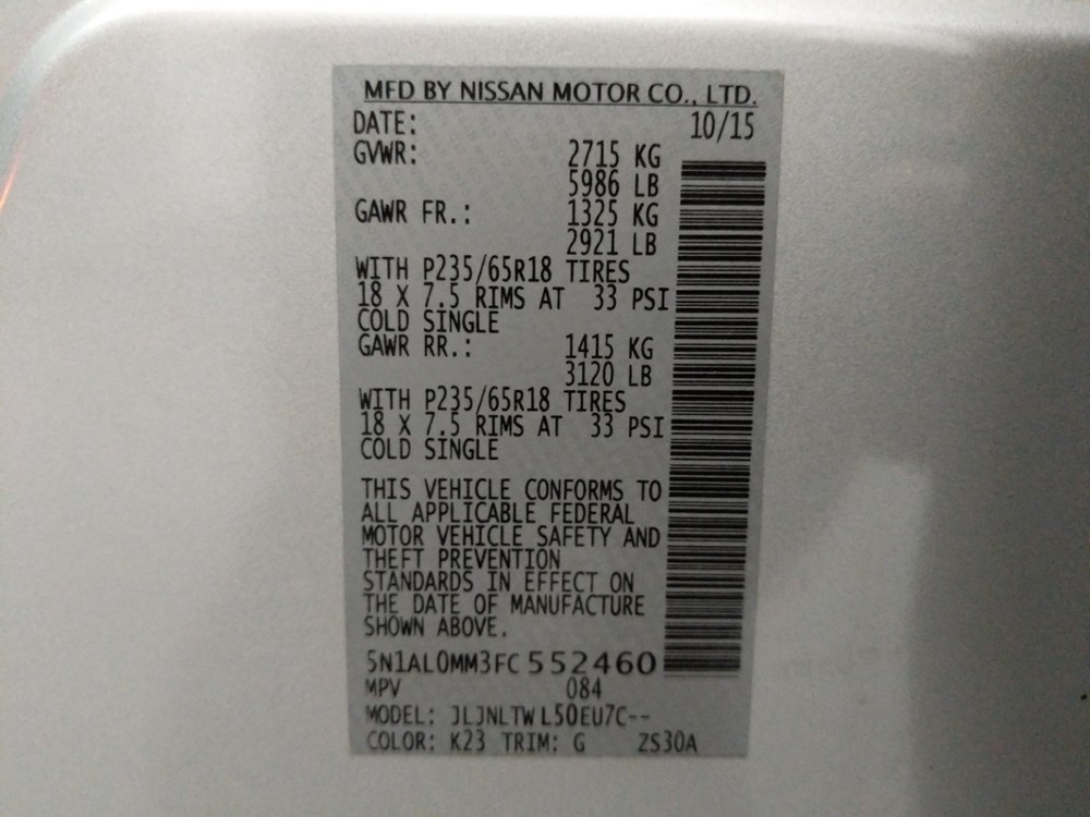 2015 INFINITI QX60 - VIN Plate