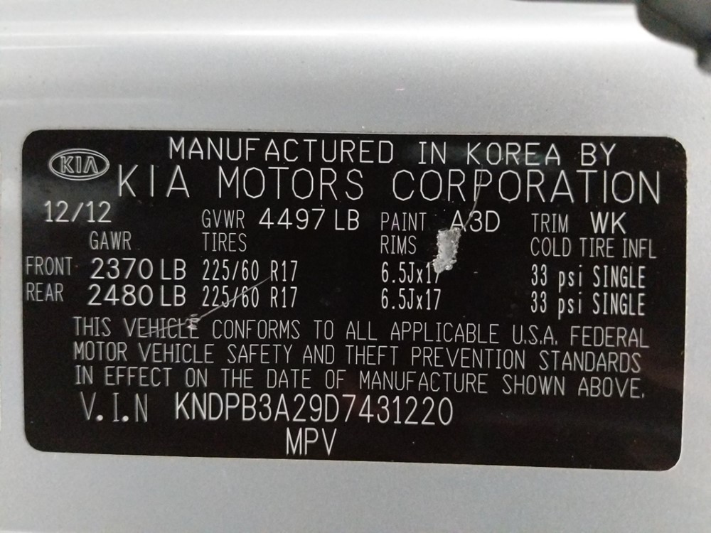 2013 Kia Sportage - VIN Plate