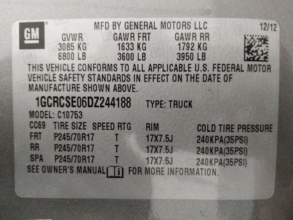 2013 Chevrolet Silverado 1500 - VIN Plate