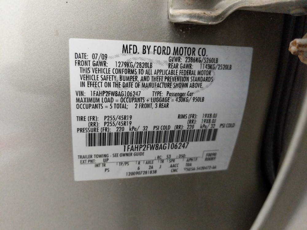 2010 Ford Taurus - VIN Plate
