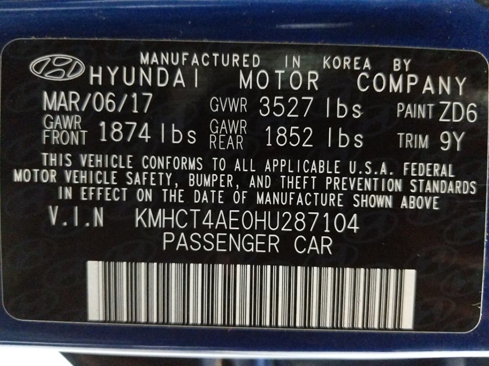 2017 Hyundai Accent - VIN Plate