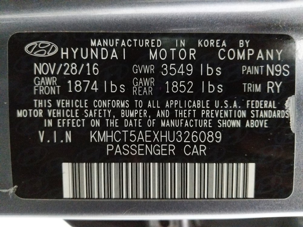 2017 Hyundai Accent - VIN Plate