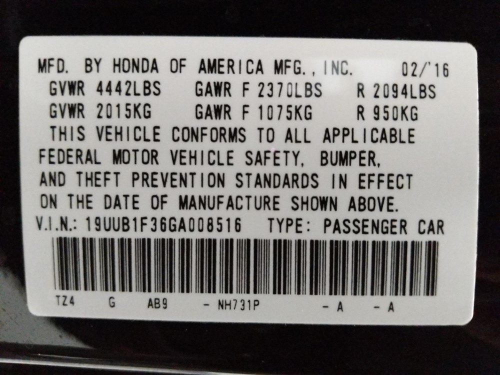 2016 Acura TLX - VIN Plate