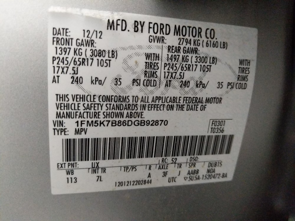 2013 Ford Explorer - VIN Plate
