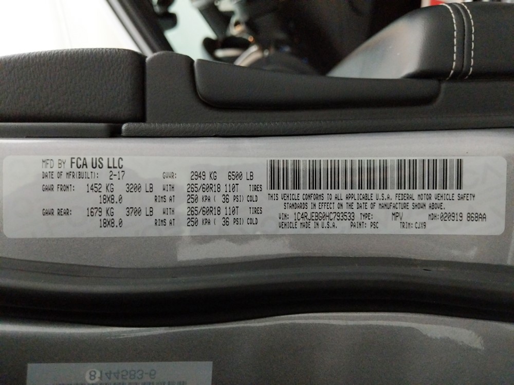 2017 Jeep Grand Cherokee - VIN Plate