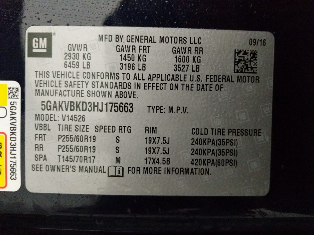 2017 Buick Enclave - VIN Plate