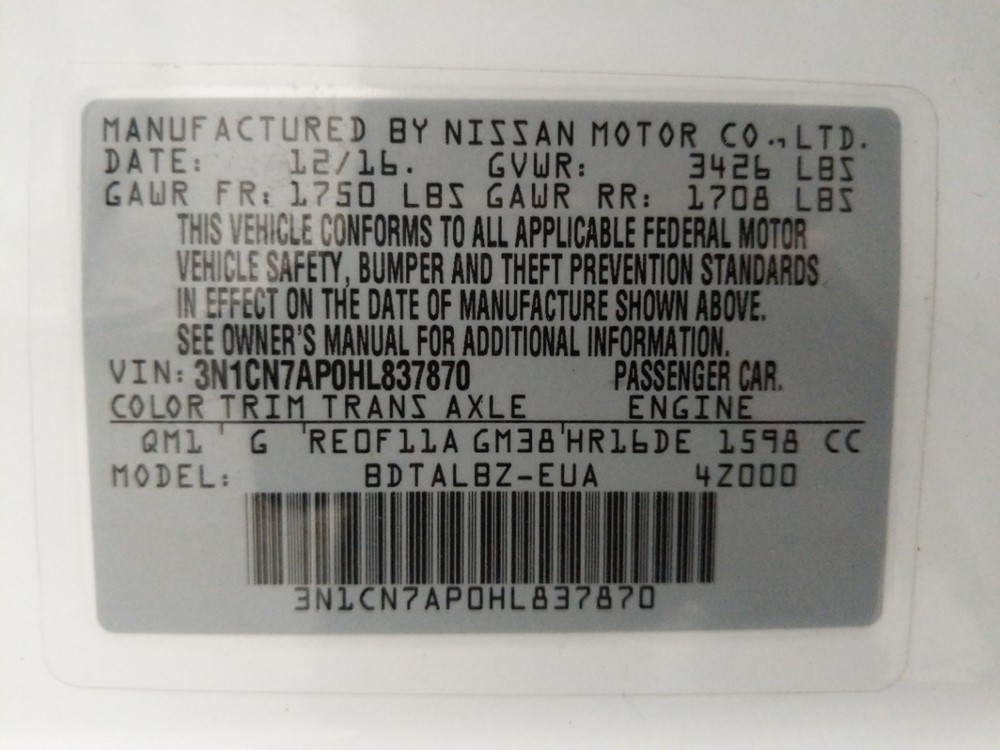 2017 Nissan Versa - VIN Plate