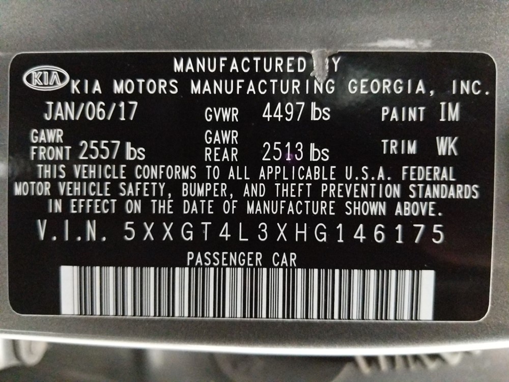 2017 Kia Optima - VIN Plate