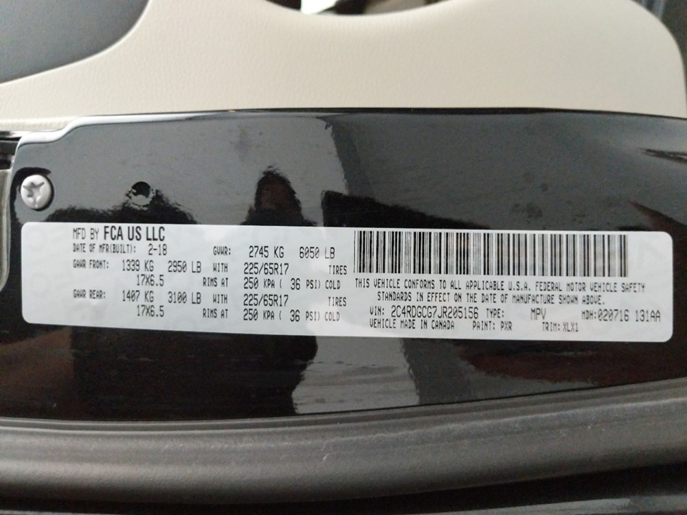 2018 Dodge Grand Caravan - VIN Plate