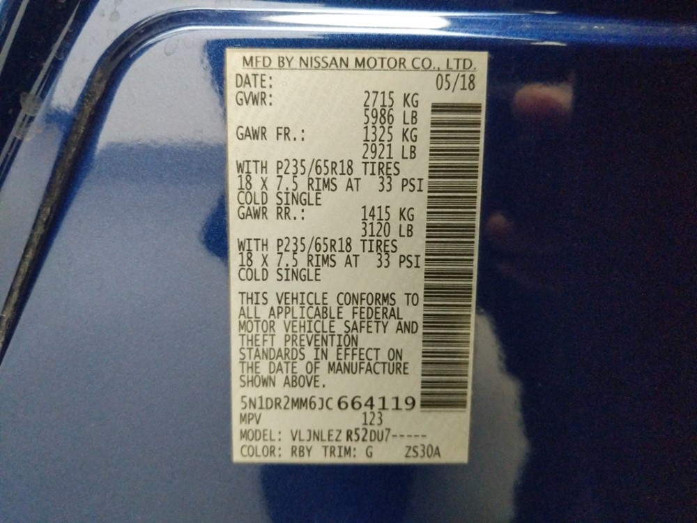 2018 Nissan Pathfinder - VIN Plate