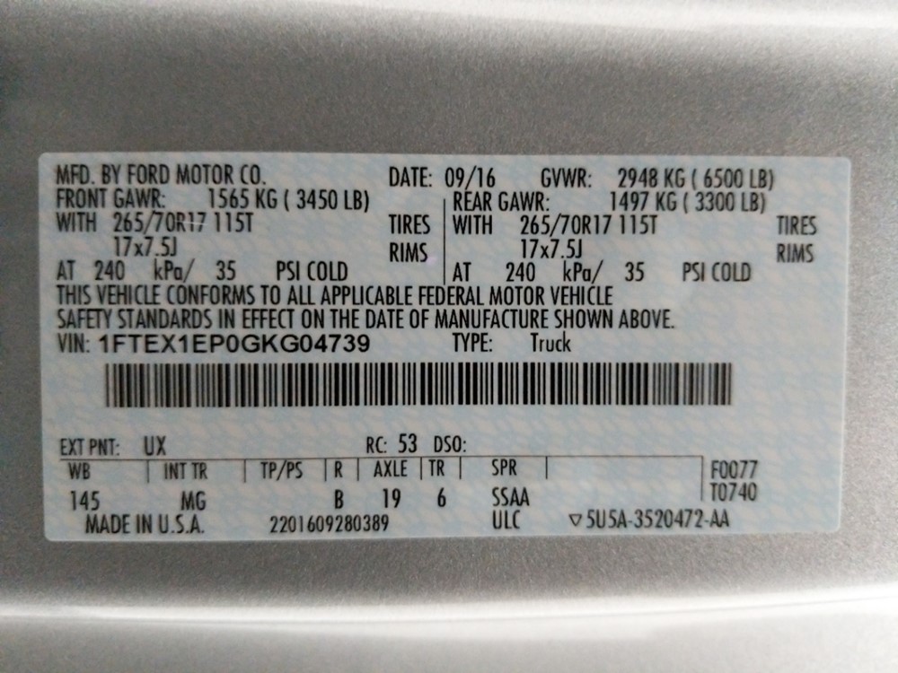 2016 Ford F-150 - VIN Plate