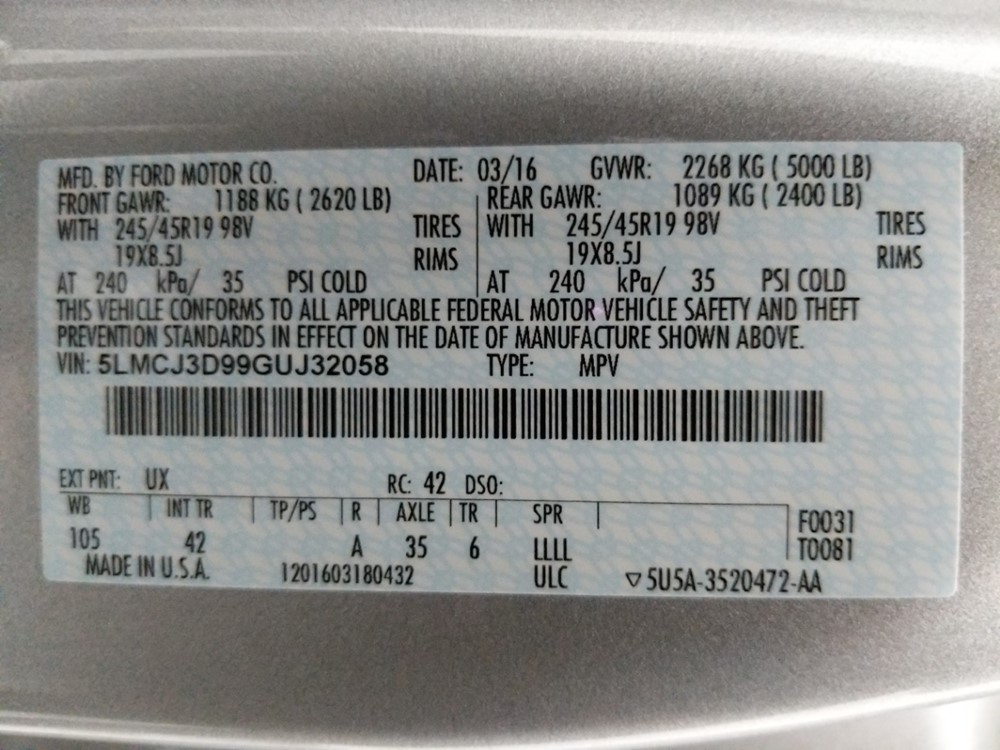 2016 Lincoln MKC - VIN Plate