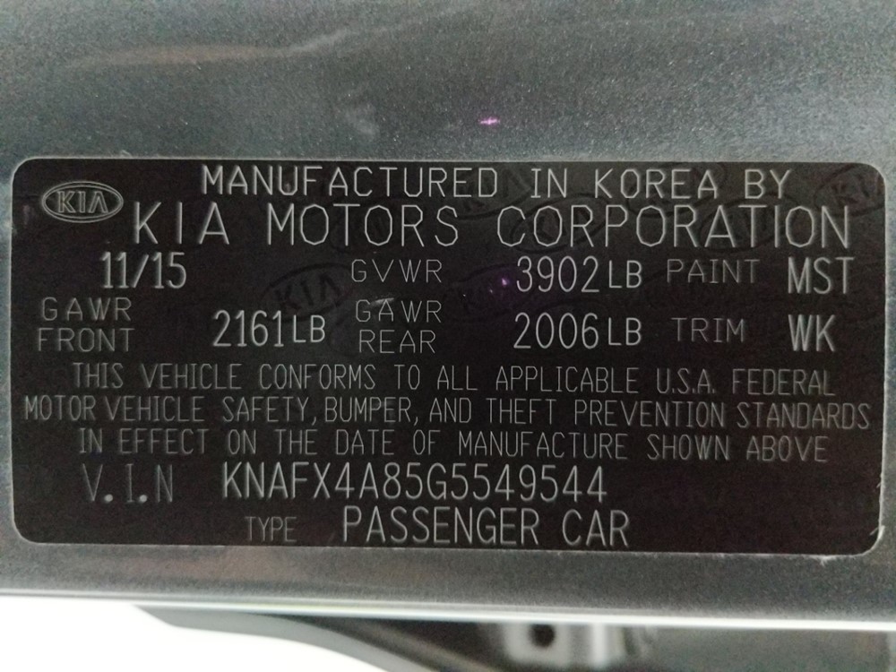 2016 Kia Forte - VIN Plate