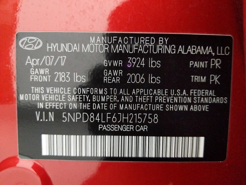 2018 Hyundai Elantra - VIN Plate
