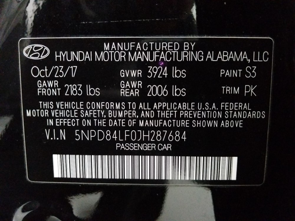 2018 Hyundai Elantra - VIN Plate