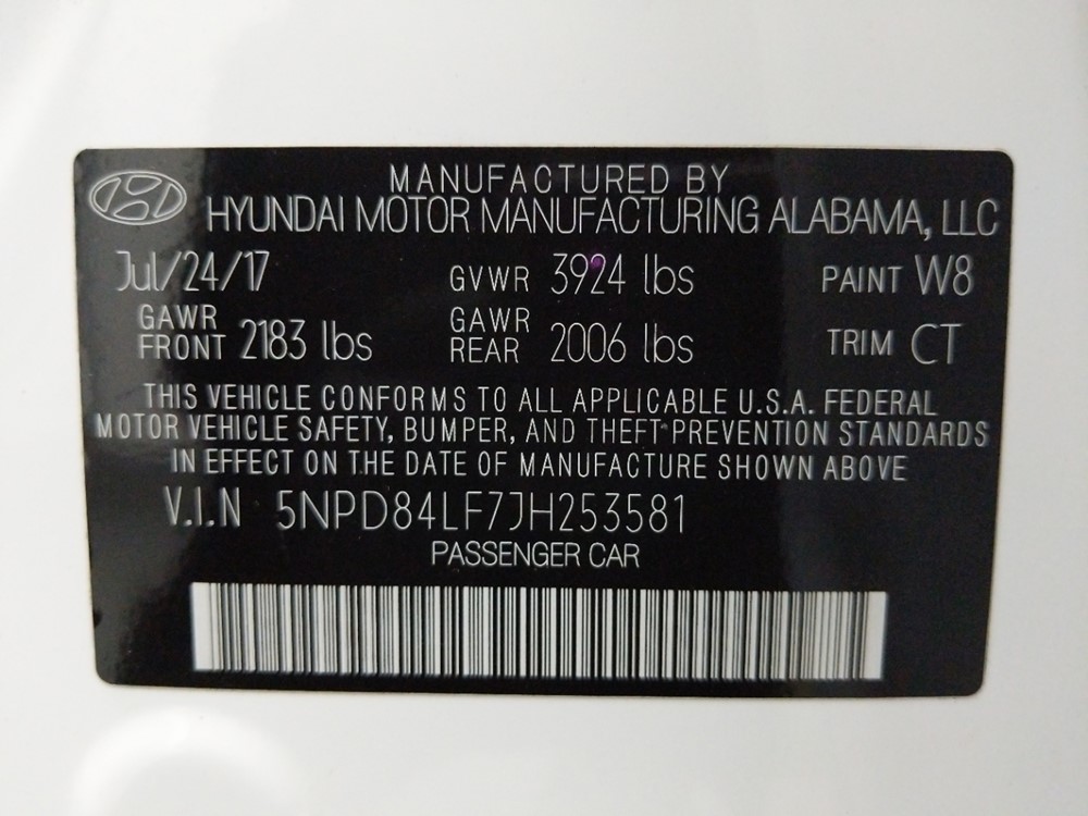 2018 Hyundai Elantra - VIN Plate
