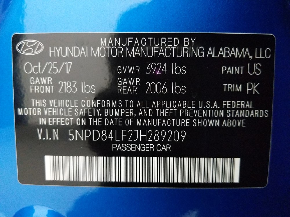 2018 Hyundai Elantra - VIN Plate