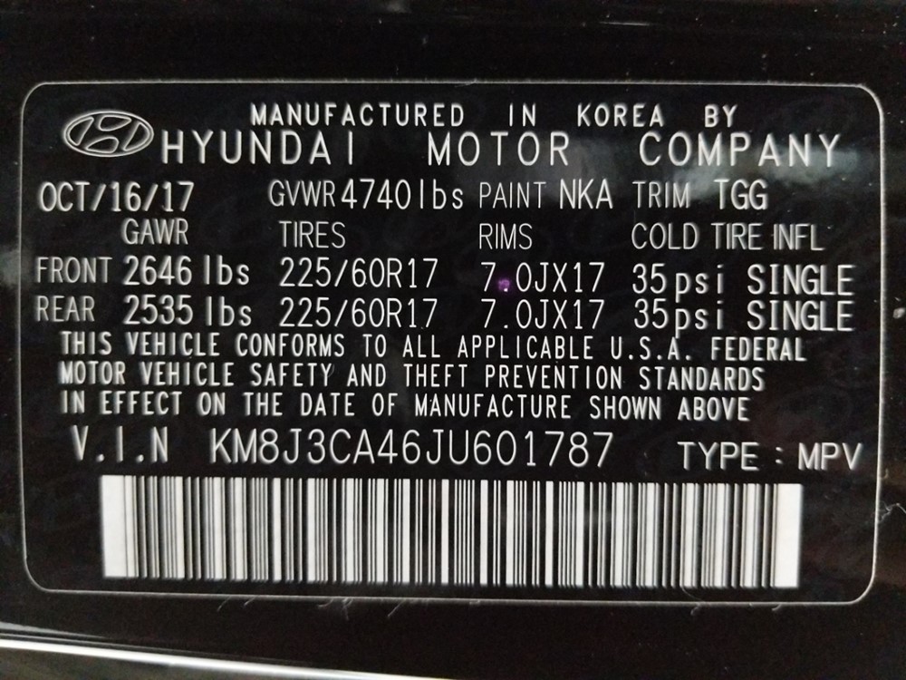 2018 Hyundai Tucson - VIN Plate