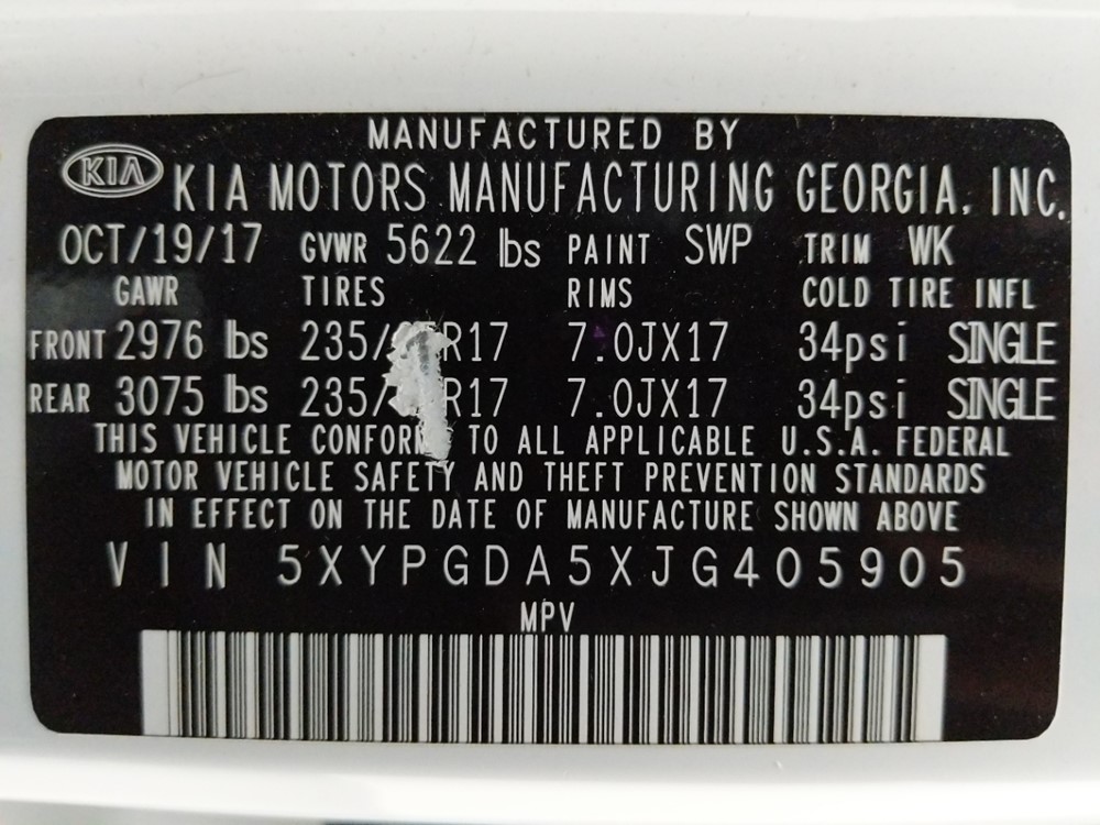 2018 Kia Sorento - VIN Plate