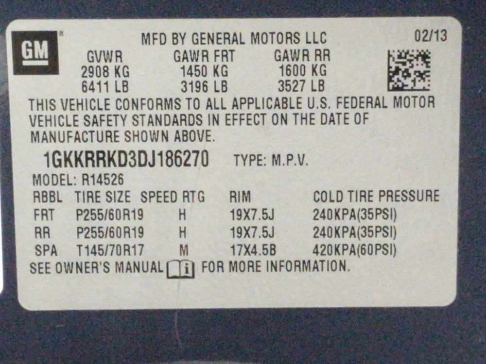 2013 GMC Acadia - VIN Plate