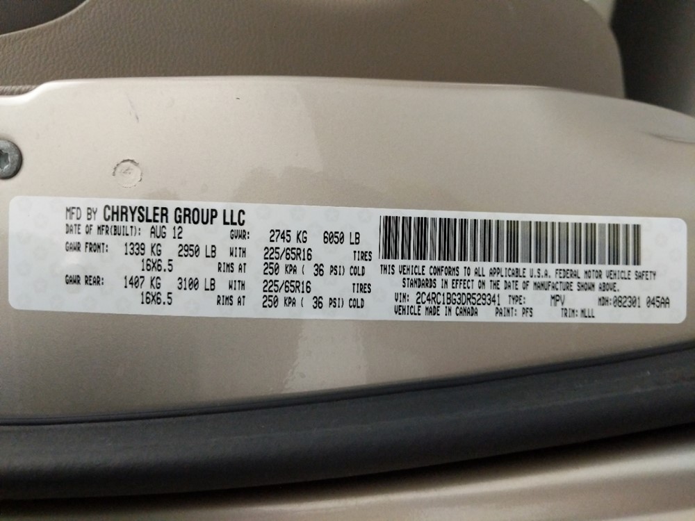 2013 Chrysler Town and Country - VIN Plate