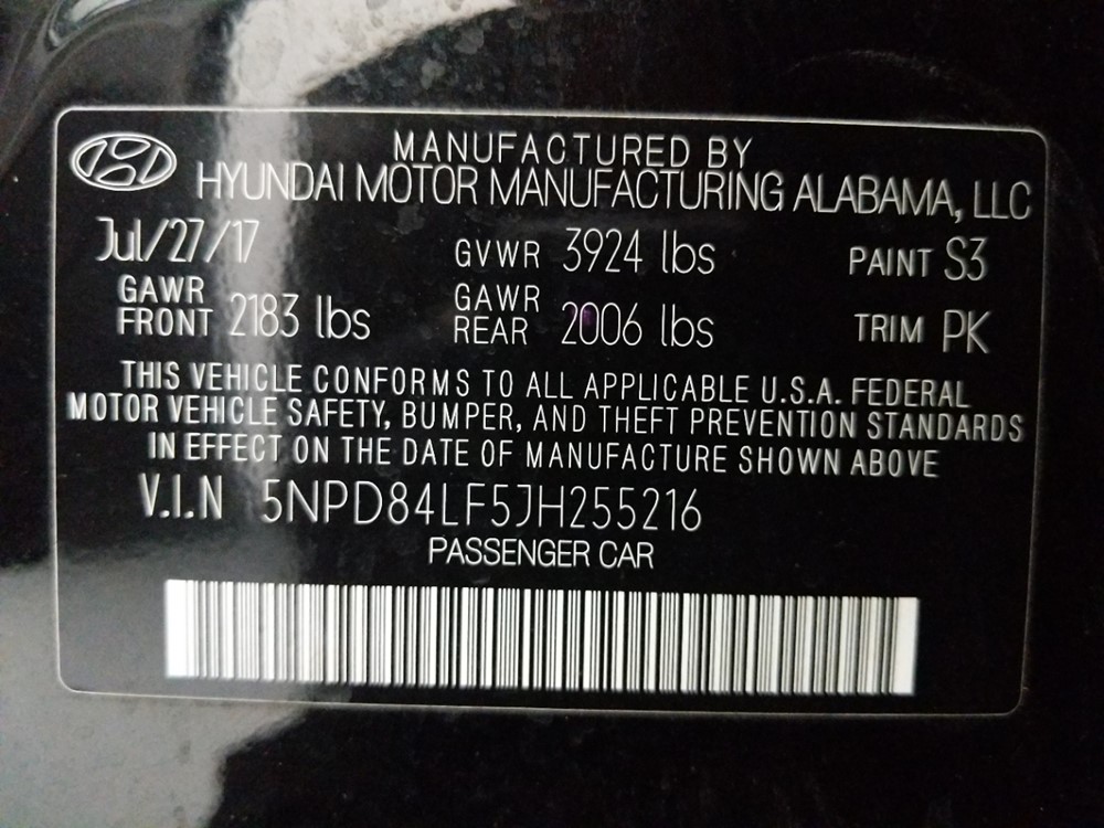 2018 Hyundai Elantra - VIN Plate