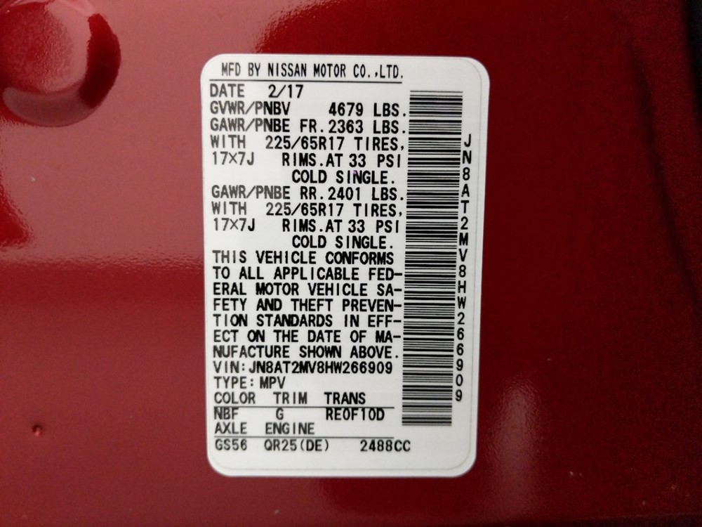 2017 Nissan Rogue - VIN Plate