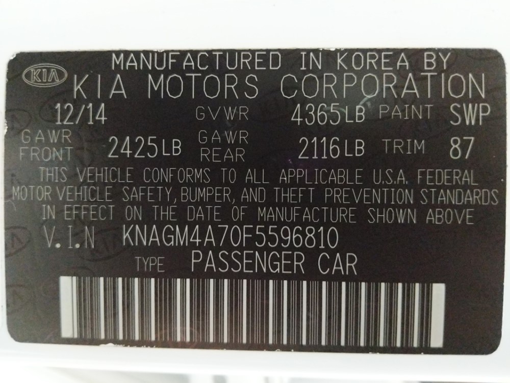 2015 Kia Optima - VIN Plate