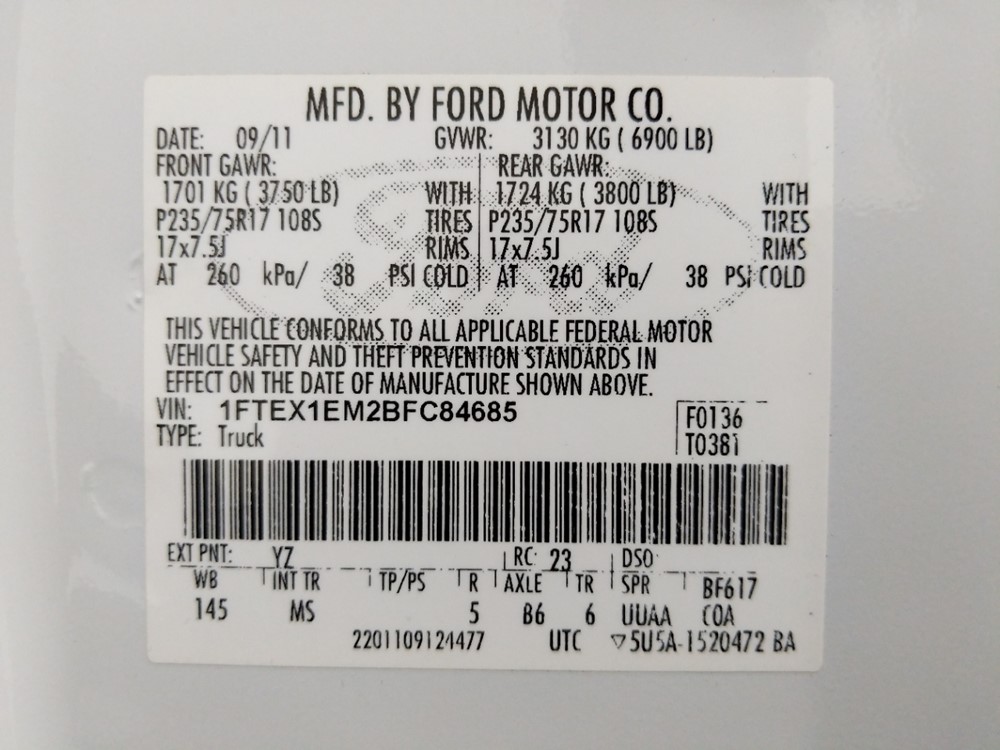 2011 Ford F-150 - VIN Plate