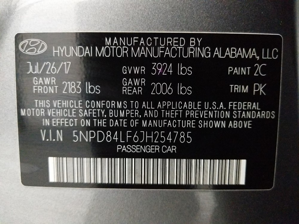 2018 Hyundai Elantra - VIN Plate