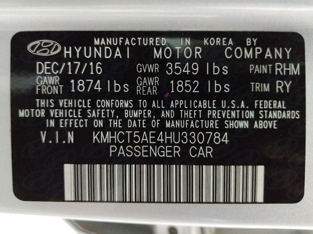 2017 Hyundai Accent - VIN Plate