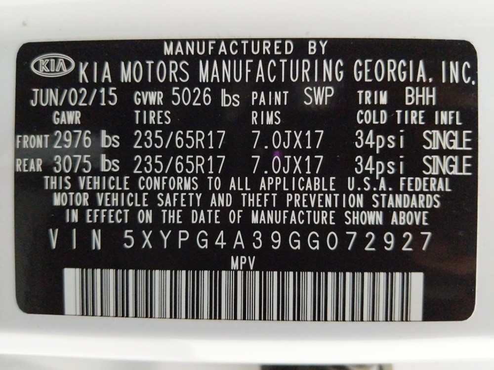 2016 Kia Sorento - VIN Plate